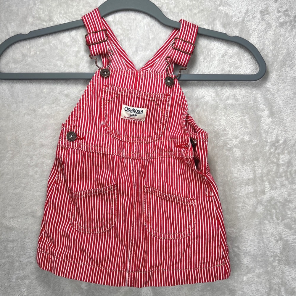 OshKosh B'gosh Girl Red‎ White Hickory Stripe Denim Overall Dress 18 Months